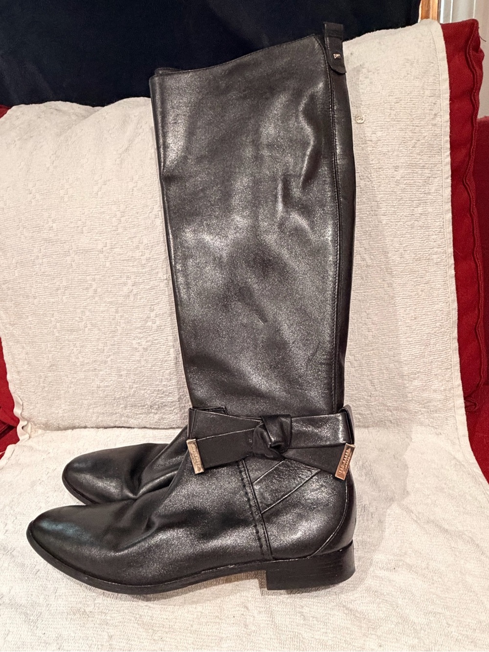 Ted Baker Black Over-the-Knee Leather Boots with Bow Accent